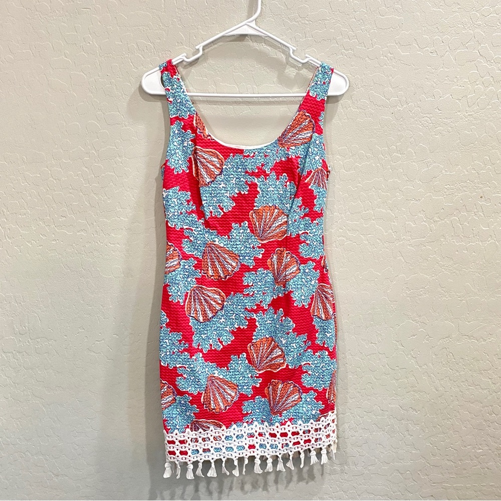 Lilly Pulitzer Red & Light Blue Seashell Crochet-Hem Mini Dress